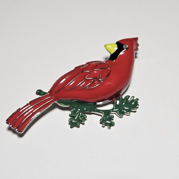 Silver Tone Cardinal Christmas Brooch Pin Red Green Enamel Clear Rhinestone Eye - Picture 6 of 10